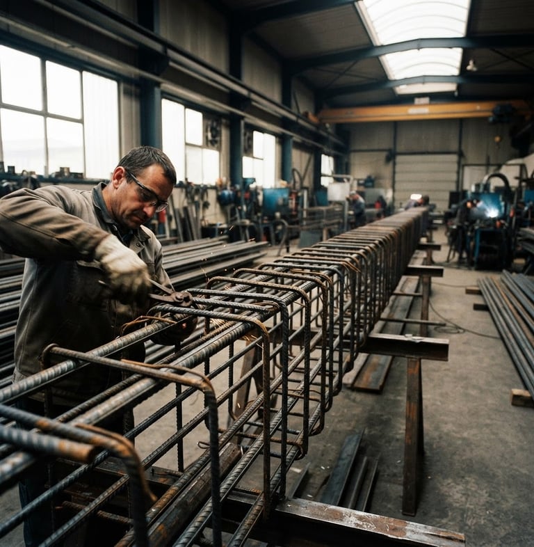 Wide panoramic industrial workshop photography, a structural steel rebar cage being meticulously assembled by skilled hands, sparks subtly flying, high-contrast natural light, deep metallic tones, sharp focus on steel textures, 35mm, with the worker's hands and tools in the left third, and the finished cage extending to the right, generous negative space.