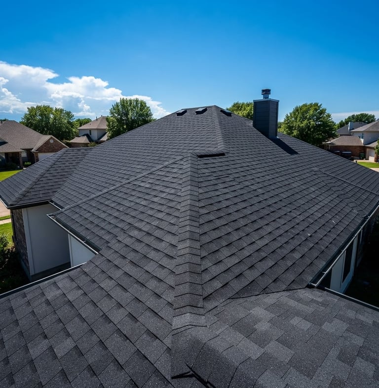 Wide-angle shot of a completed residential asphalt shingle roof under a clear blue sky, showing clean, perfectly aligned shingle courses. Bright midday sun, high-contrast deep shadows.
