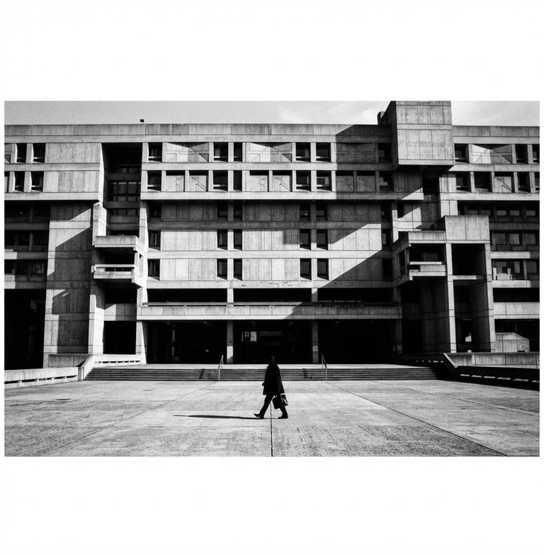 Wide panoramic shot of a brutalist concrete building facade in harsh direct sunlight, casting dramatic, sharp shadows. A single figure in silhouette walks across the foreground, creating a sense of scale and purpose. High-contrast black and white photography, sharp focus, 35mm film grain.