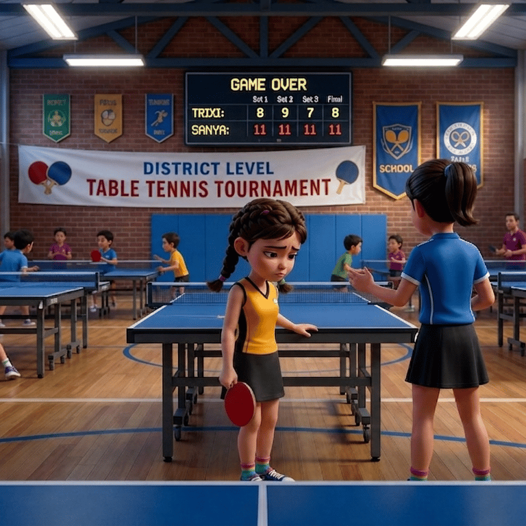 A district level school table tennis tournament with students playing ping pong in a large indoor gymnasium.