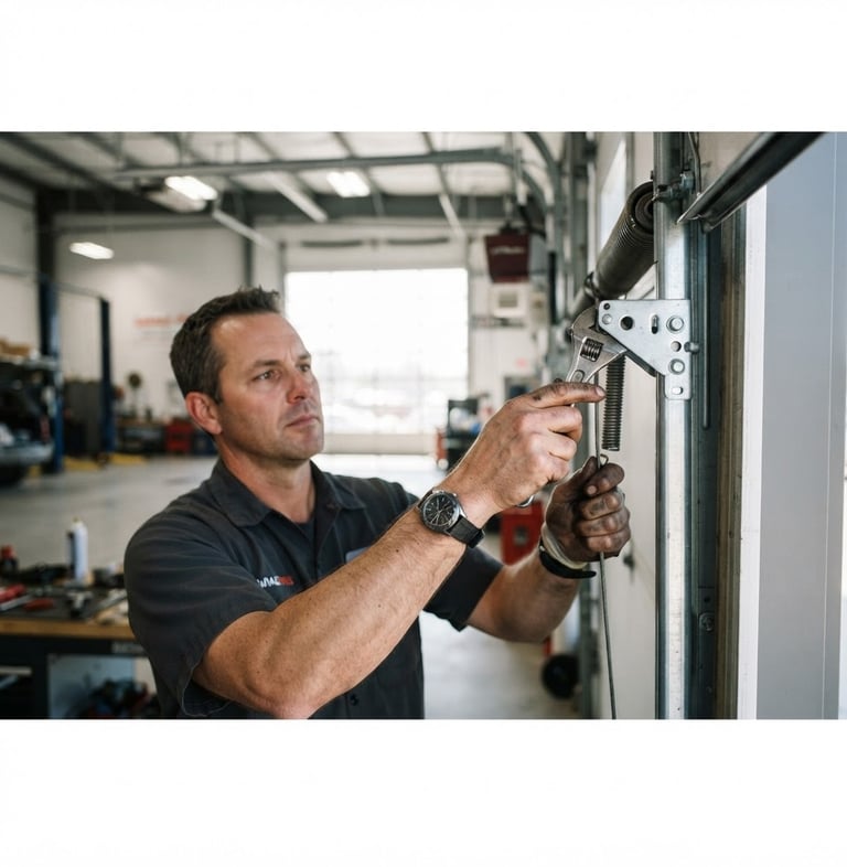 Close-up of a technician's hands expertly adjusting a garage door mechanism, bright natural daylight, sharp focus, clean industrial setting, 35mm lens, wide panoramic frame with technician off-center to the left and door mechanism on the right, low horizon, expansive garage interior.