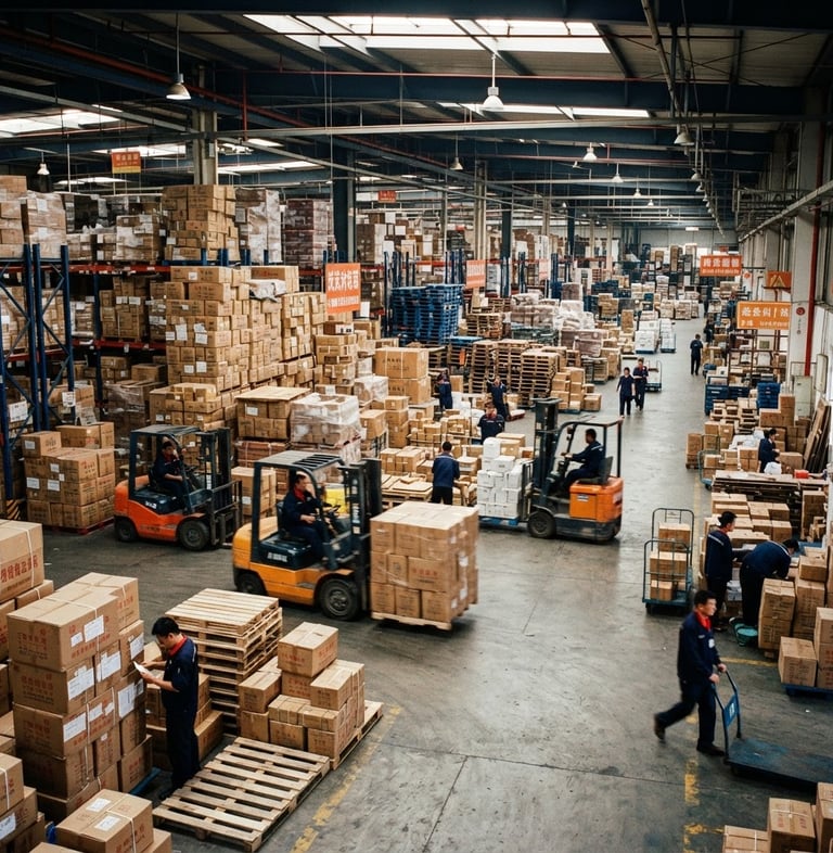 Wide panoramic view of a busy Yiwu freight consolidation warehouse, forklifts moving pallets, large cargo boxes stacked high, bright overhead lighting, deep navy and orange tones, industrial documentary photography, 35mm.