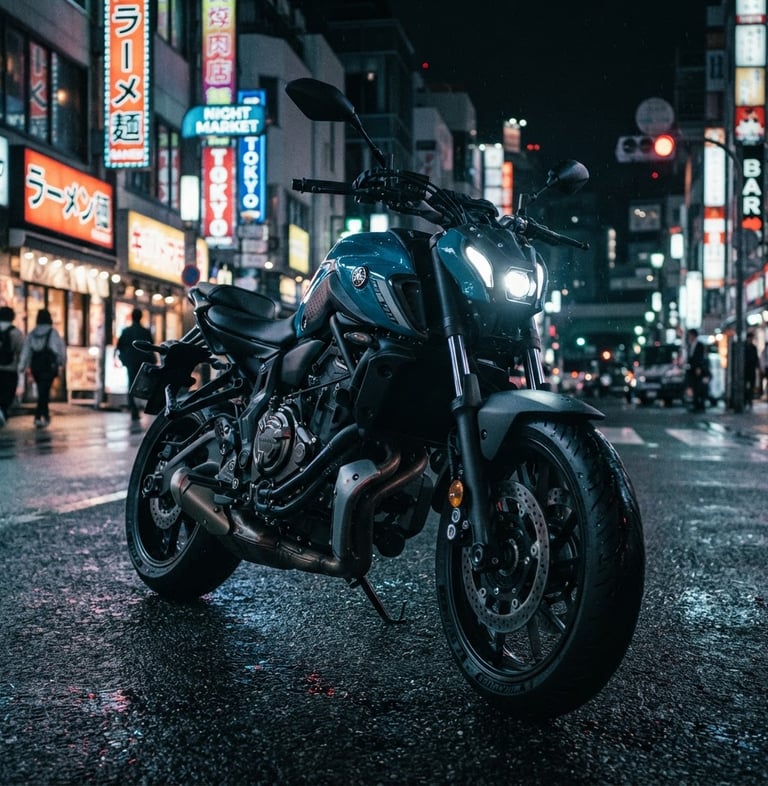 Low-angle heroic shot of a Yamaha MT-07 in pristine condition, aggressive front headlight on, urban night photography, neon reflections, high-contrast dark tones, sharp focus, 35mm lens.