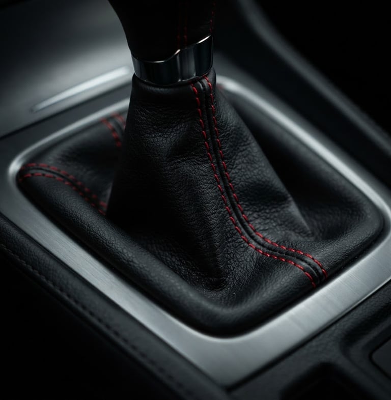 High-contrast macro shot of a black leather shift boot with vibrant red stitching, moody studio lighting, sharp focus on texture and threads, installed in a pristine car console, deep shadows.