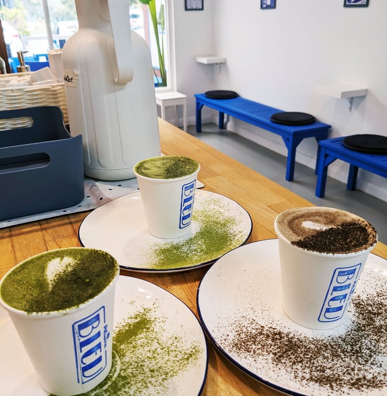 Matcha, Hojicha and Genmaicha Lattes by Patisserie BLEU in Leeming Perth.