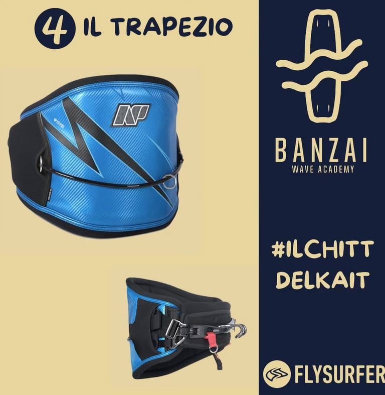 un classico trapezio a fascia per la connessione ad una vela da kitesurf
