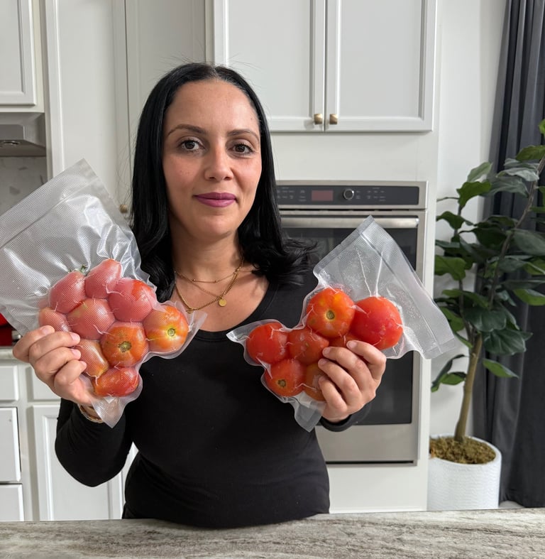 By eya holding a bag with whole frozen tomatoes 
