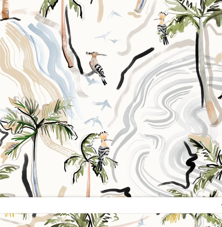 Design de superfície têxtil de estampa tropical com coqueiros, pássaros e pinceladas orgânicas