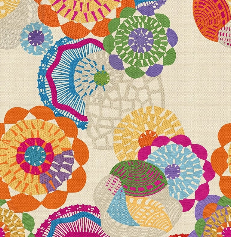 Estampa digital de formas circulares, coloridas e textura de palha, remete ao artesanato brasileiro