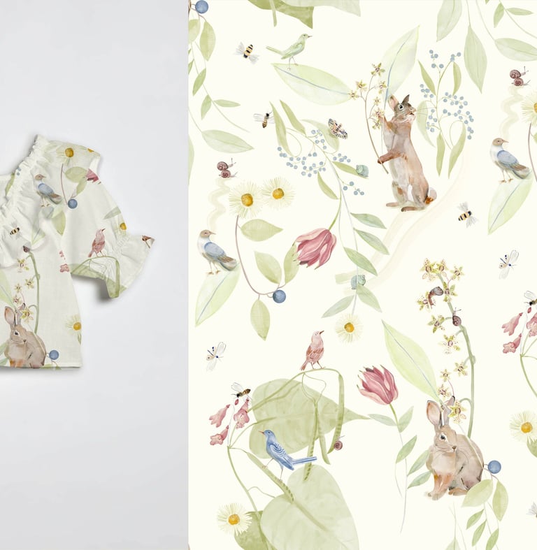 Blusa infantil de babados com estampa de jardim com coelhos, pássaros, flores, frutas, insetos, etc