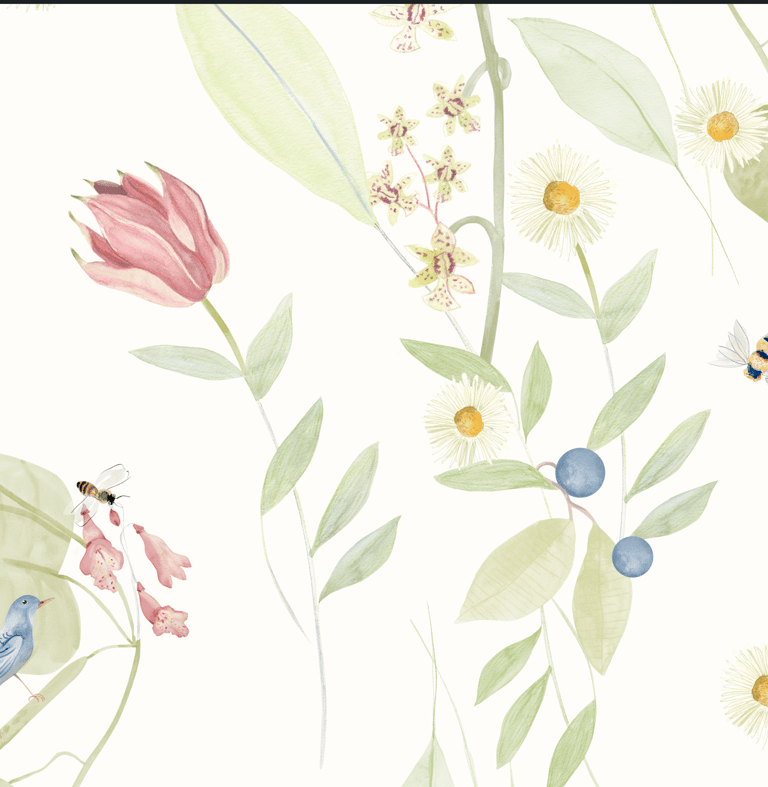Estampa infantil, com vegetação, margaridas, orquídeas, abelhas e frutas pintadas a mão em aquarela