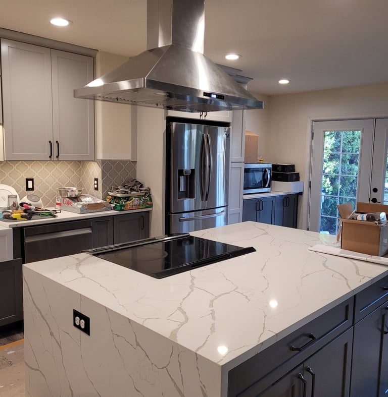 island with a waterfall edge countertop