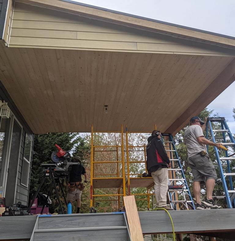 Covered back patio with Trex composite decking and closed cedar soffit