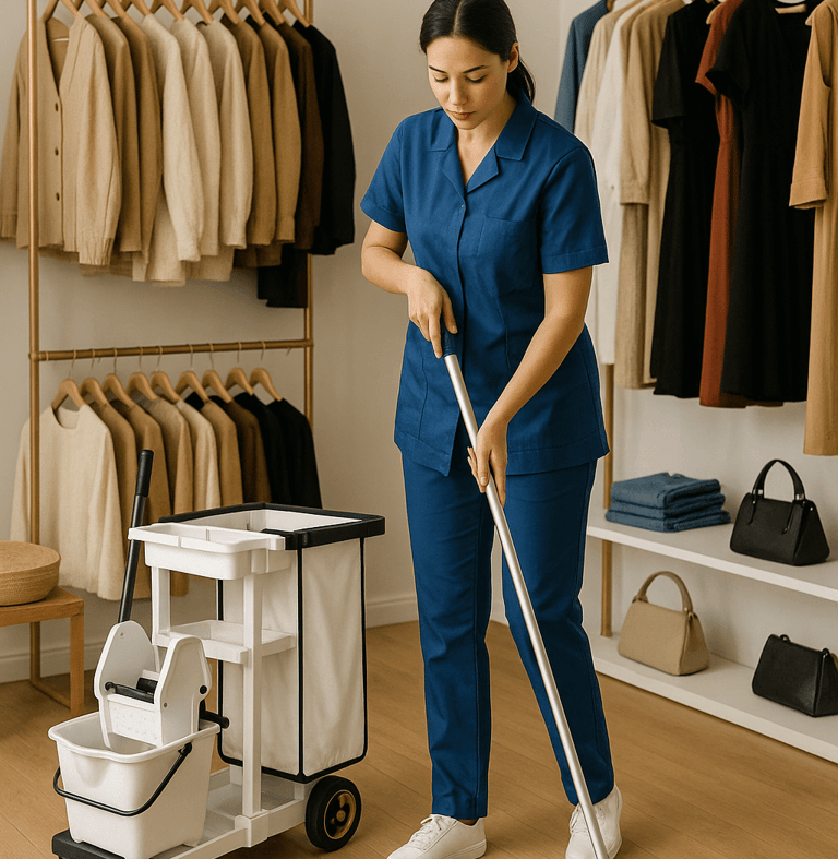 professional cleaner during retail cleaning service