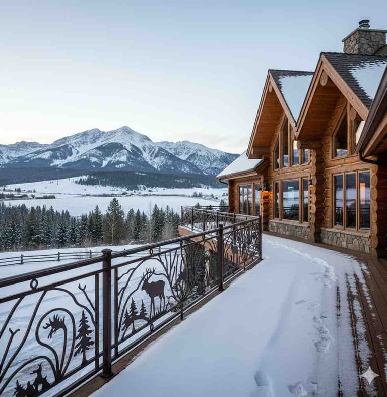 Custom modern steel outdoor deck railing handcrafted by Helena Welders for a luxury Montana home.