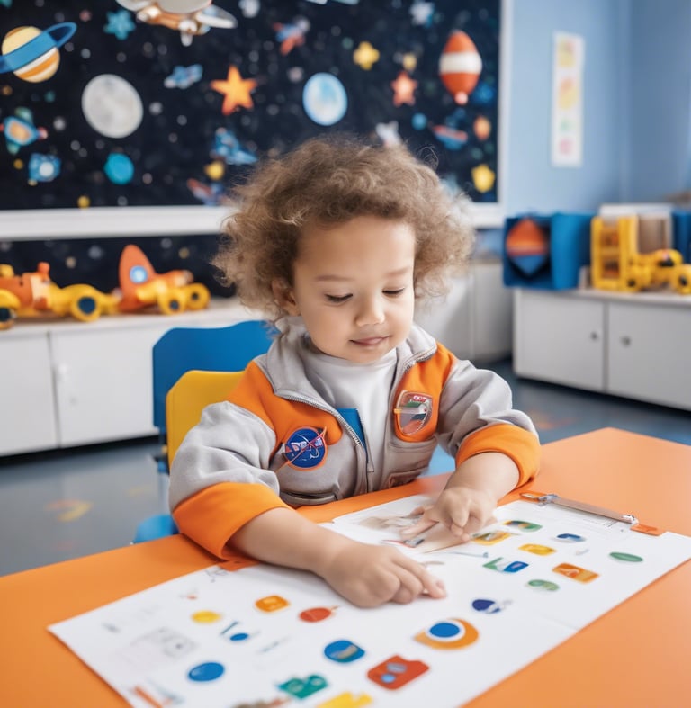 Enfant des Astro'Mômes jouant dans la crèche (micro-crèche Isles-lès-Villenoy) en tenue d'astronaute