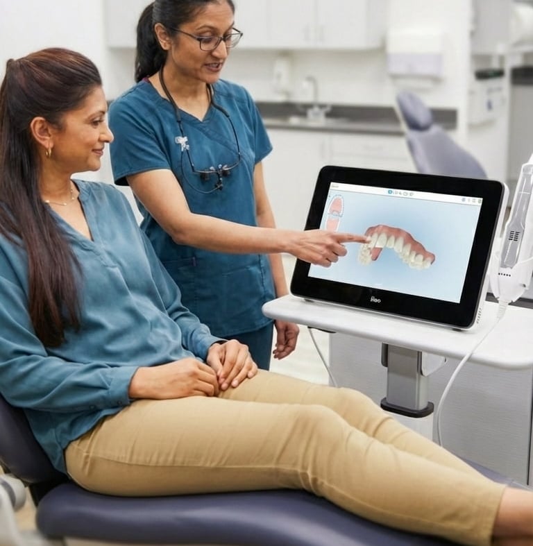 dentist explaining a dental scan to an invisalign patient