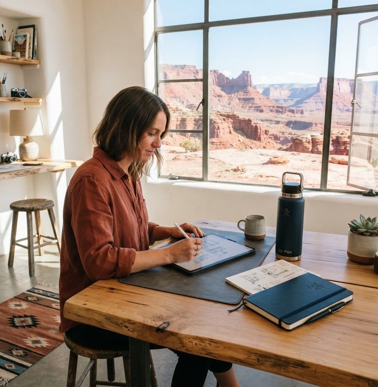 Wide shot of a minimalist high-desert workspace, natural light, a designer's hands sketching on a tablet, with Sly Fox products (a durable water bottle, a sleek notebook) subtly arranged on a raw wood desk, red rock landscape visible through a large window, sharp shadows, vibrant lifestyle photography, bright high-desert sunlight, warm orange and deep blue accents, 35mm