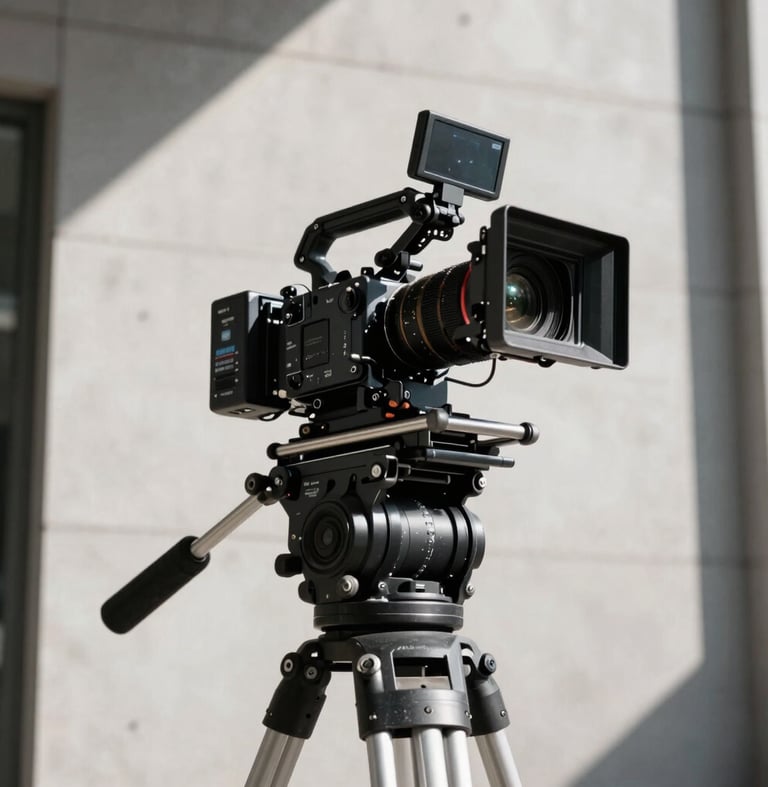 Low-angle heroic shot of a high-end cinema camera rig on an urban concrete background, high-contrast direct sunlight, sharp shadows.