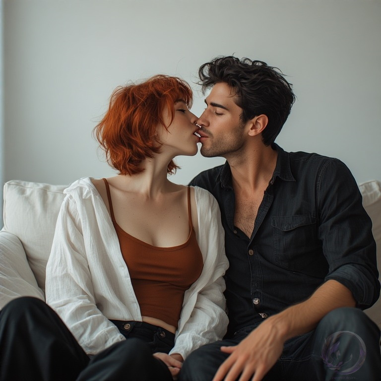 Claudie kissing Trev, by Ophelio