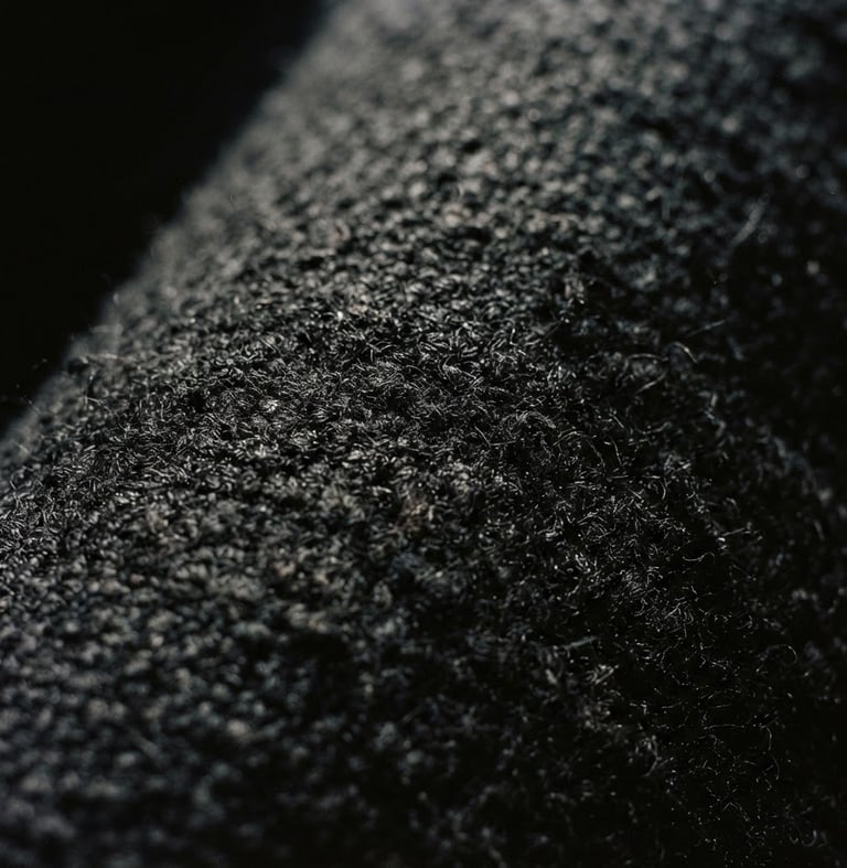 Extreme close-up of heavy black wool fabric texture, deep shadows, harsh side lighting, minimalist editorial photography, 35mm grain