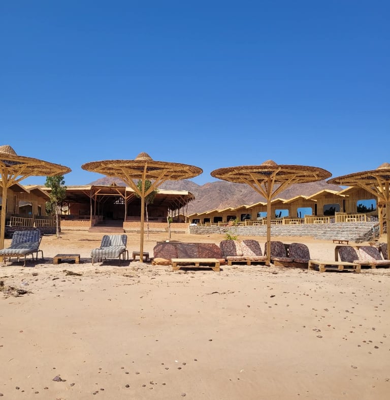 Sinai Life Camp beach view makeover Ras Shitan Nuweiba rooms and umbrellas by the Red Sea