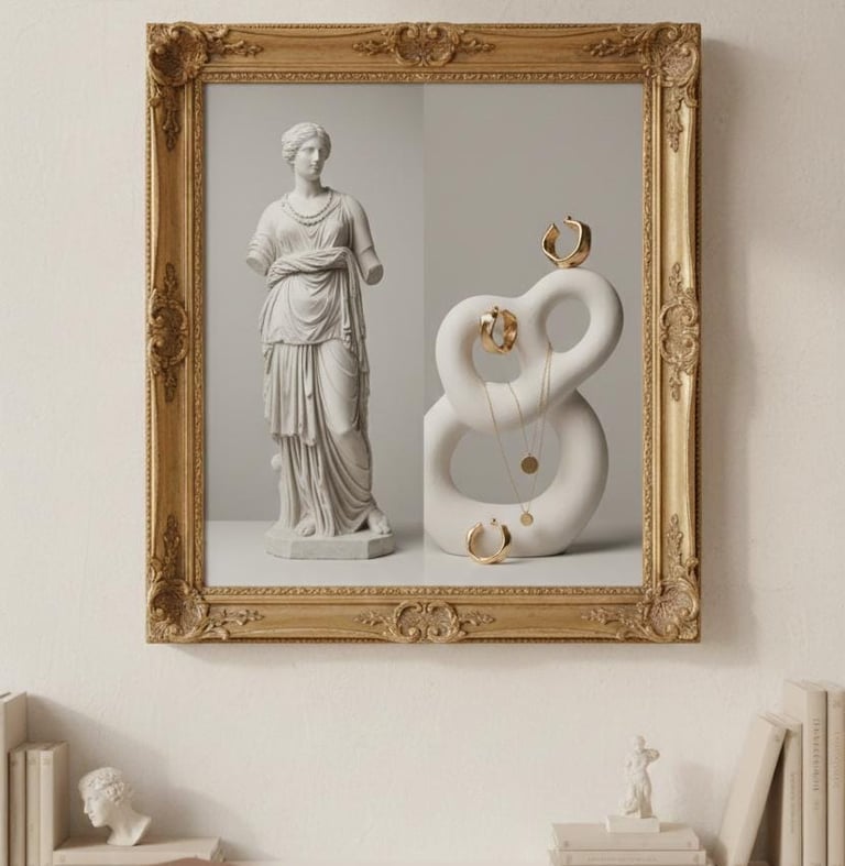 Joyería de oro y una estatua griega dentro de un marco ornamentado sobre una estantería minimalista