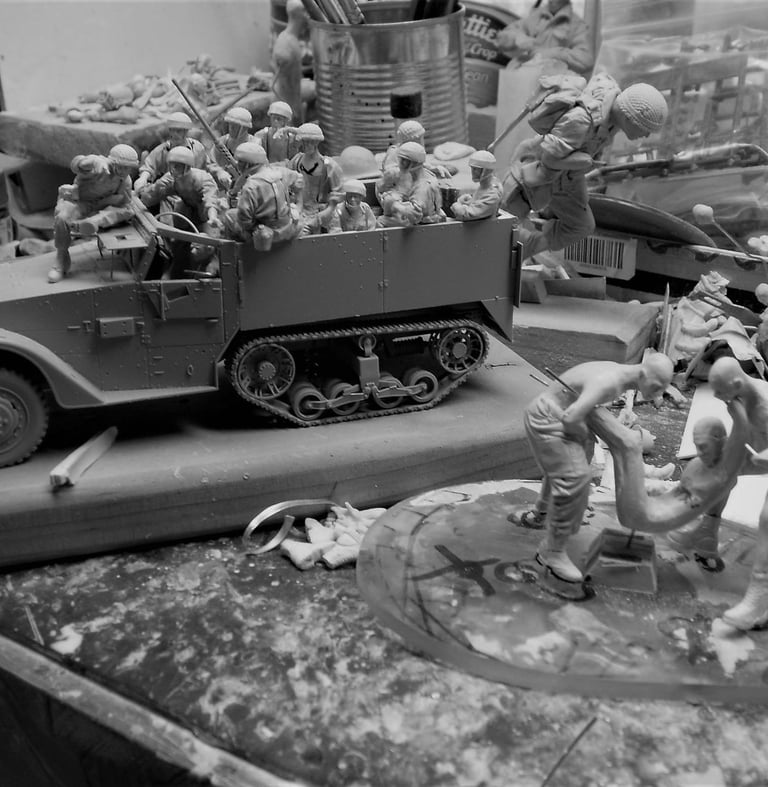 A display of multiple wartime figurines