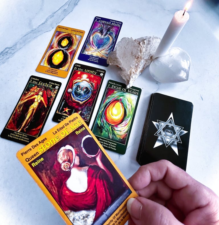 What is tarot? Psychic Reading with I Am One cards spread on a table with candle in Los Angeles CA