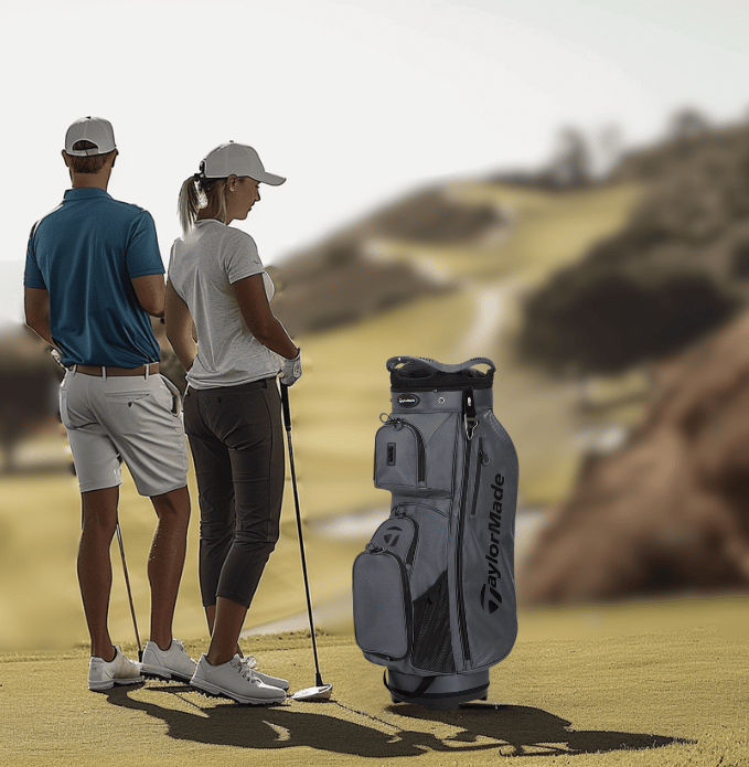 a man and woman golf players standing on a golf course