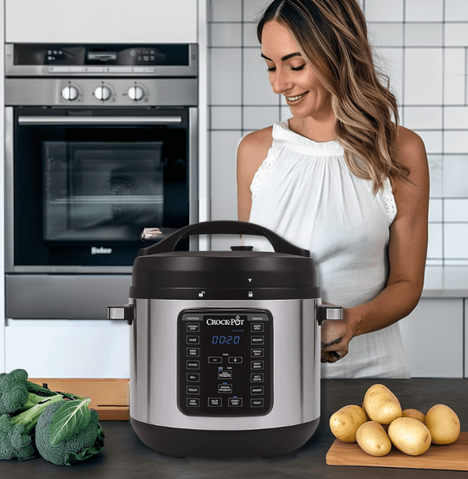 a woman in a white top and a potted potatoes in a potted pot