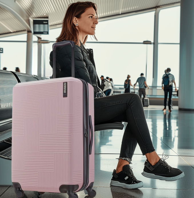 a woman sitting on a bench in a airport