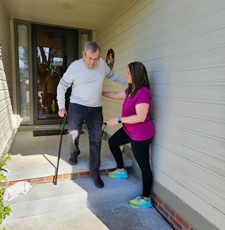 Physical therapy: stair training for a geriatric patient at home.