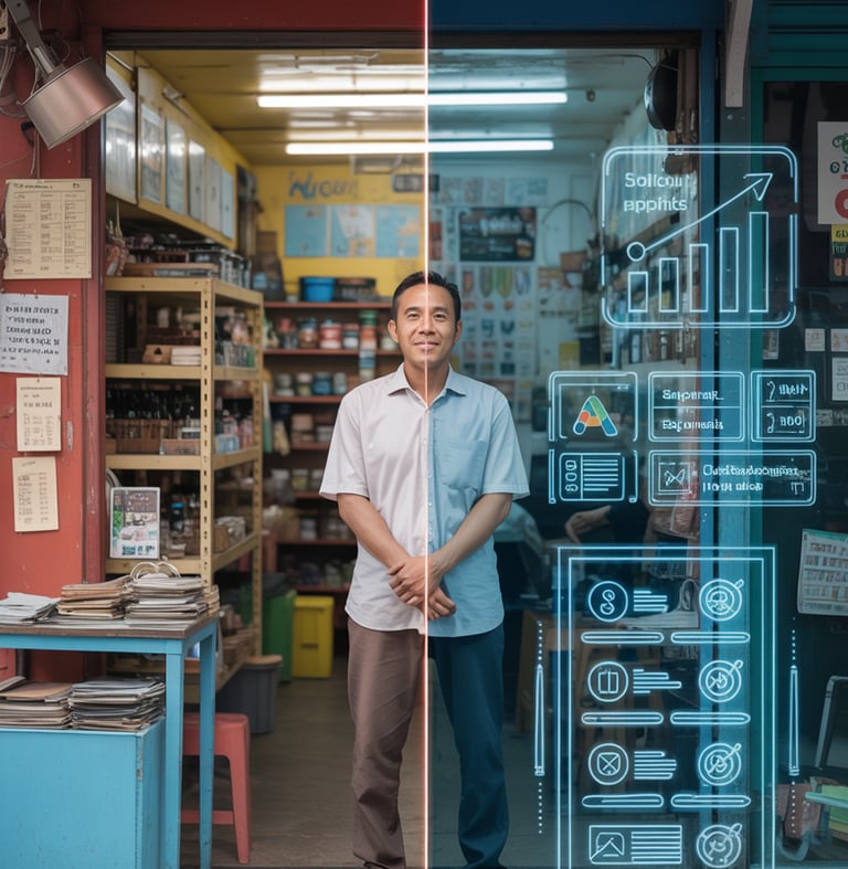 Malaysian SME business owner standing in a shop transforming from traditional to digital with holographic dashboards, symboli