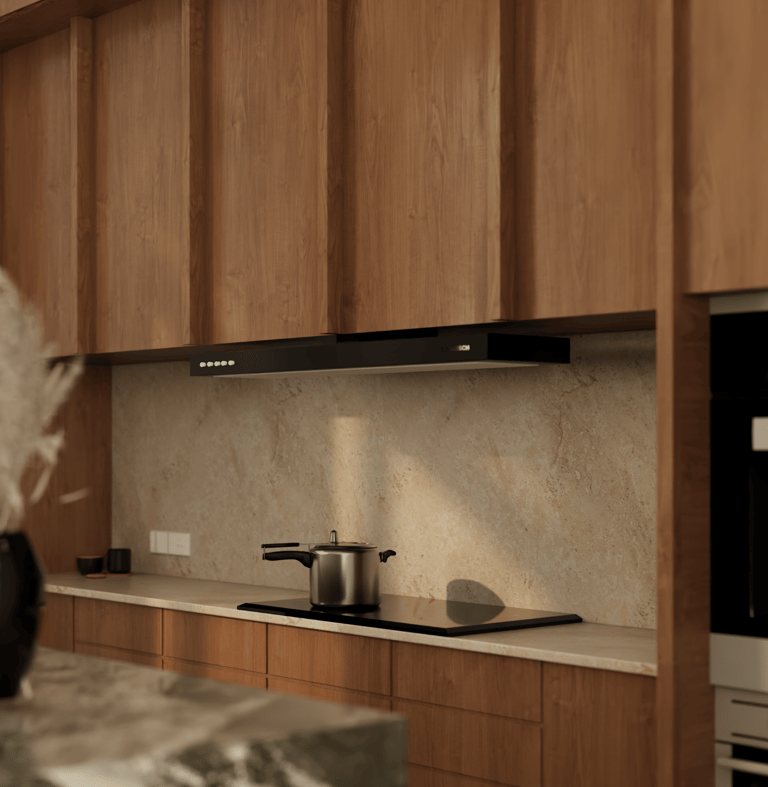 Contemporary kitchen cooktop with matte chimney, warm wood cabinetry, and soft ambient lighting