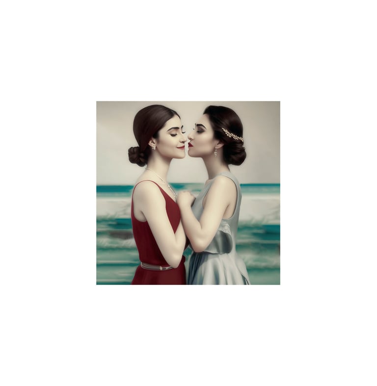 two women standing next to each other in front of a beach