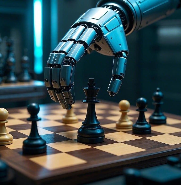 Robot hand playing chess, representing AI automation and strategic thinking