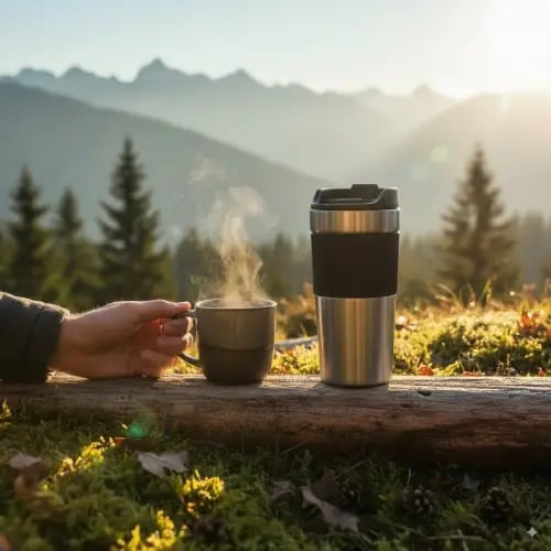 une personne tenant une tasse de café dans les montagnes