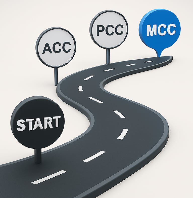 A roadmap graphic labeled start with ACC then PCC and then MCC.