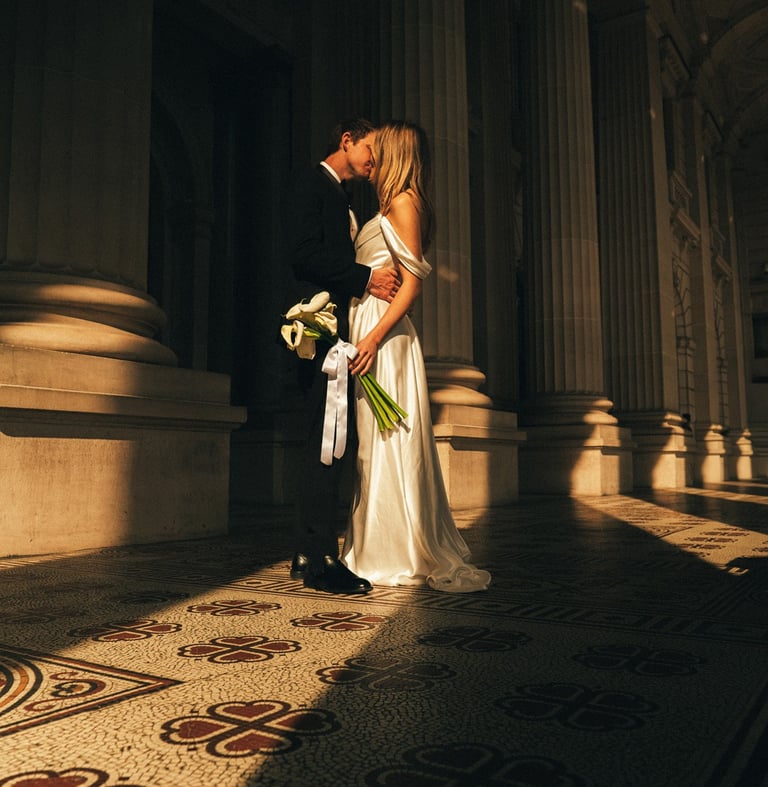 Melbourne wedding photographer captures cinematic and elegant moment of a couple at Parliament House