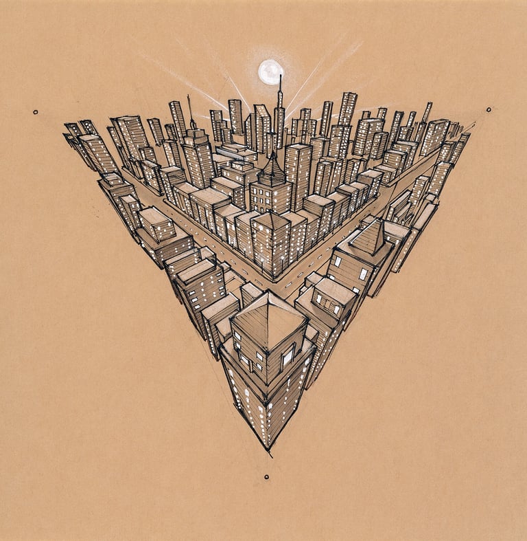 Hand-drawn urban sketch of a cityscape at night in a sharp triangular forced perspective.