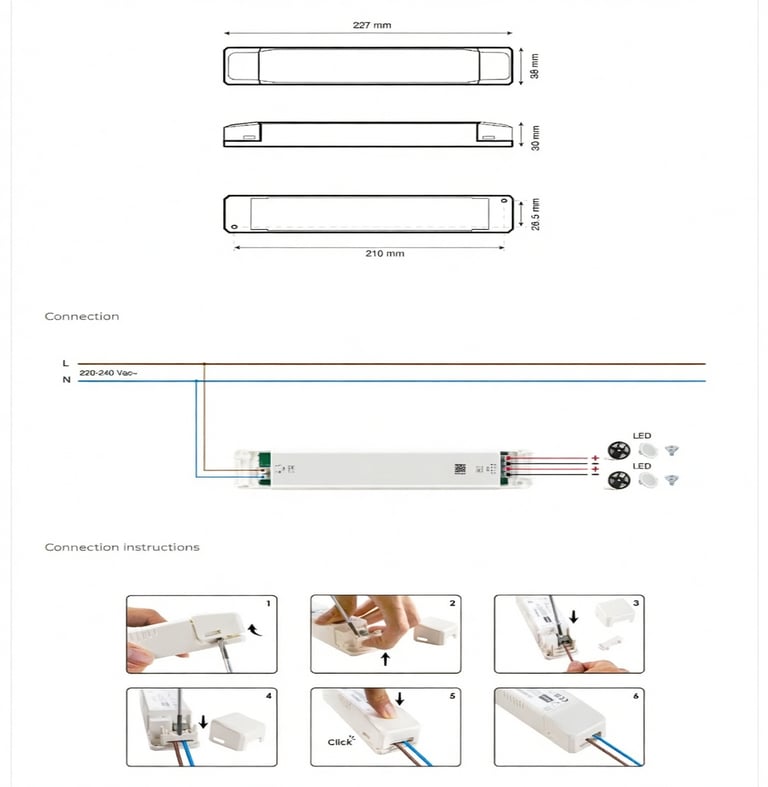 Medidas y conexión: formato slim de 227 mm de largo y sistema de cableado rápido con tapa tipo "clic