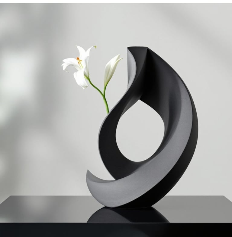 Modern black sculptural ceramic vase with a white lily flower on a minimalist black table.