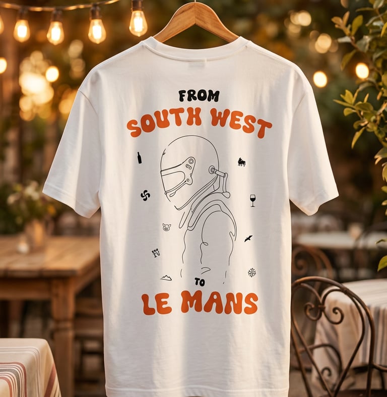 White graphic t-shirt with orange Le Mans racing text and a driver helmet illustration on a hanger.