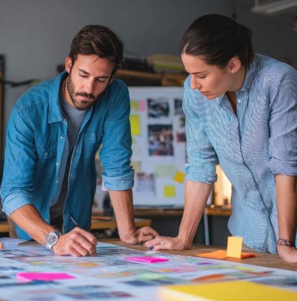 Two professionals collaborating over a planning board, representing Aftermarket Advisory Consulting’s partnership approach