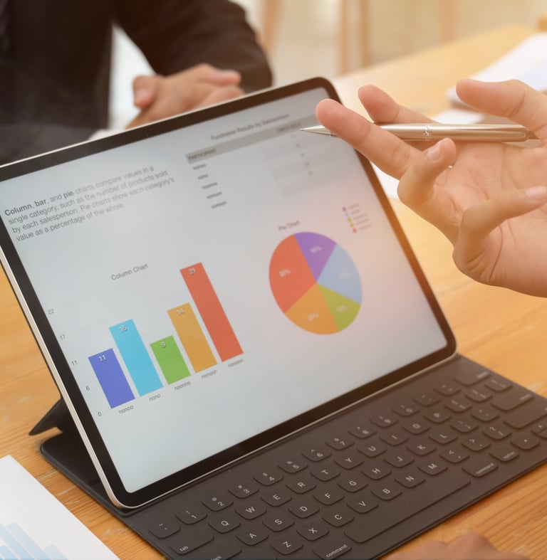 Analyzing business charts on a tablet to lead smart, prioritize, and optimize.