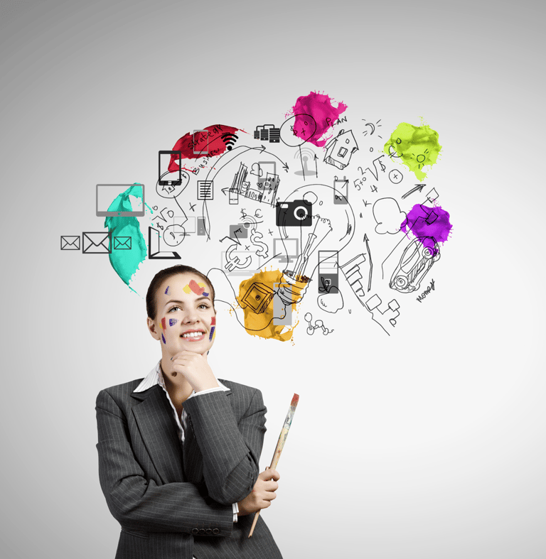 A businesswoman blending creativity and business for Design Thinking and Innovation.