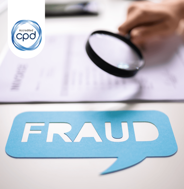 The word "Fraud" with a person investigating a document for the Fraud Risk Masterclass.
