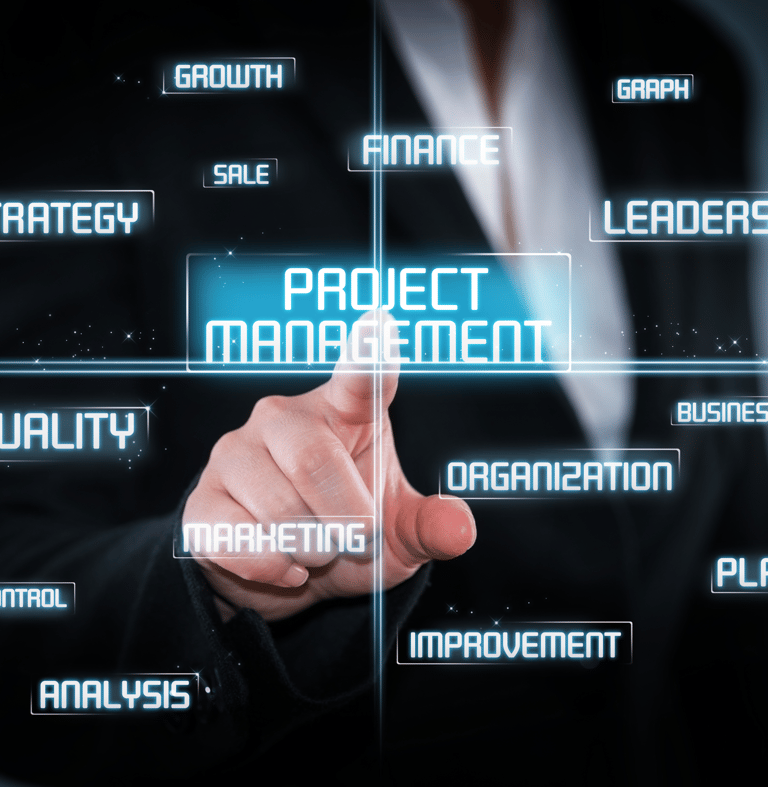 A digital screen showing the core concepts of Project Management for PMP prep.