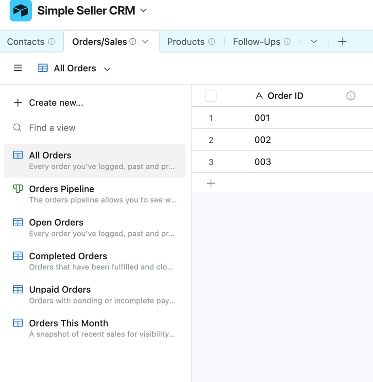 Airtable base with columns for contacts, orders, products and follow-ups.